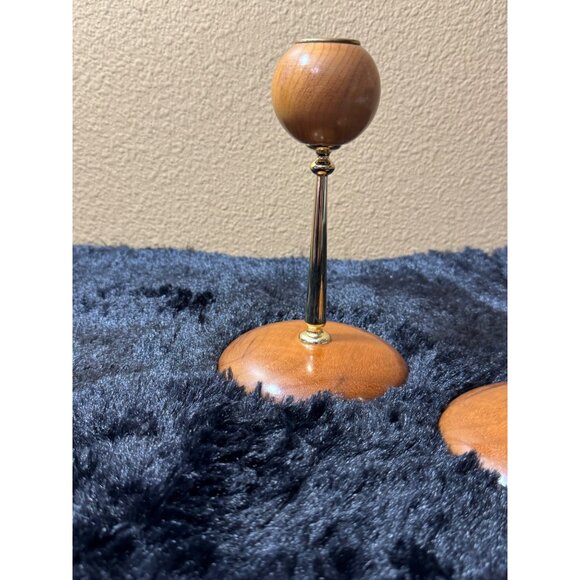 Myrtle Wood & Brass Candlestick Holders Set Of 2 Stands 6.5" Tall MCM Style - Picture 3 of 7
